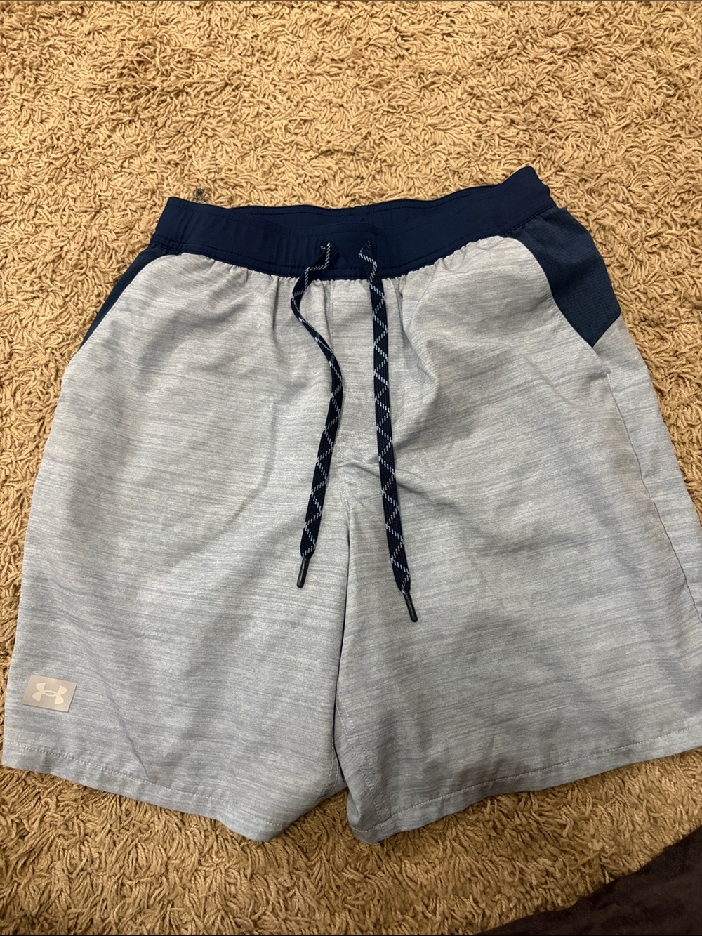 Under Armour Light Gray Shorts with Navy Waistband